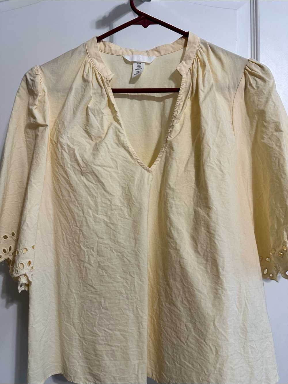 H&M Pale Yellow V-Neck Puff Sleeve Cotton Blouse